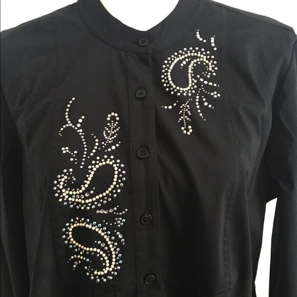 Susan Graver Black Button Down Top Silver Rhinestone Embellished Women’s Medium - Picture 3 of 6